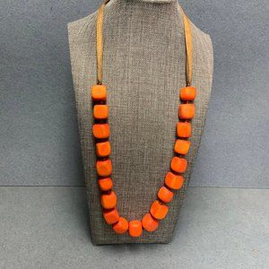 Retro BoHo Necklace Square Cube Orange Beads Brown